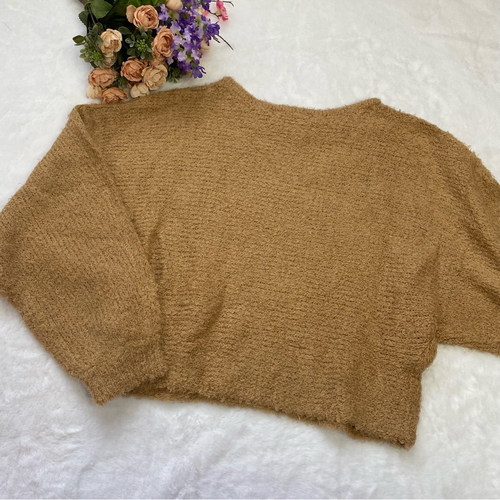 Cupcakes And Cashmere Brown Teddy Soft Dolman Cropped Long Sleeve Sweater - Picture 6 of 7